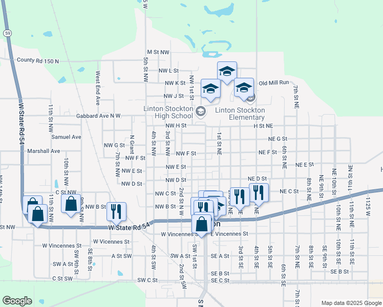 map of restaurants, bars, coffee shops, grocery stores, and more near 1st Street Northwest in Linton