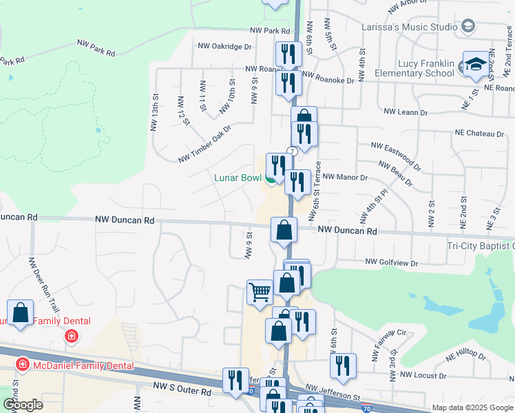 map of restaurants, bars, coffee shops, grocery stores, and more near 1812 Northwest 9th Court in Blue Springs