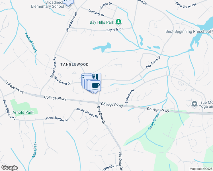map of restaurants, bars, coffee shops, grocery stores, and more near 521 Oakmont Court in Arnold
