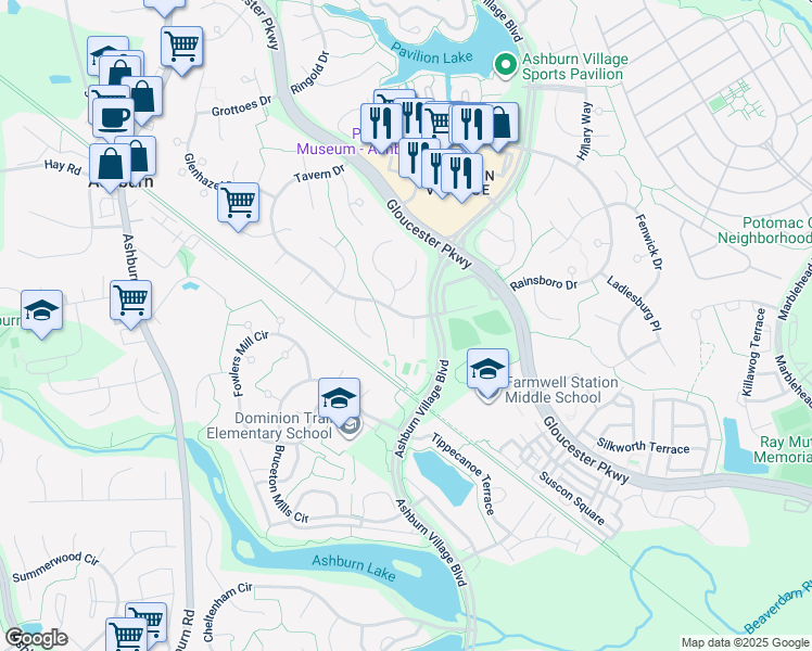 map of restaurants, bars, coffee shops, grocery stores, and more near 20863 Paw Paw Court in Ashburn