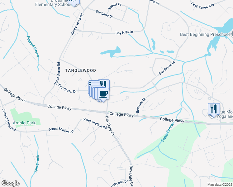 map of restaurants, bars, coffee shops, grocery stores, and more near 521 Oakmont Court in Arnold