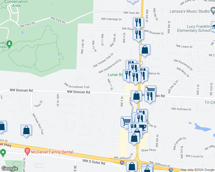 map of restaurants, bars, coffee shops, grocery stores, and more near 1106 Northwest Woodlynne Drive in Blue Springs