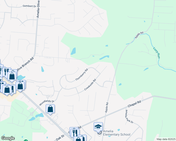 map of restaurants, bars, coffee shops, grocery stores, and more near 1543 Thornberry Road in Amelia