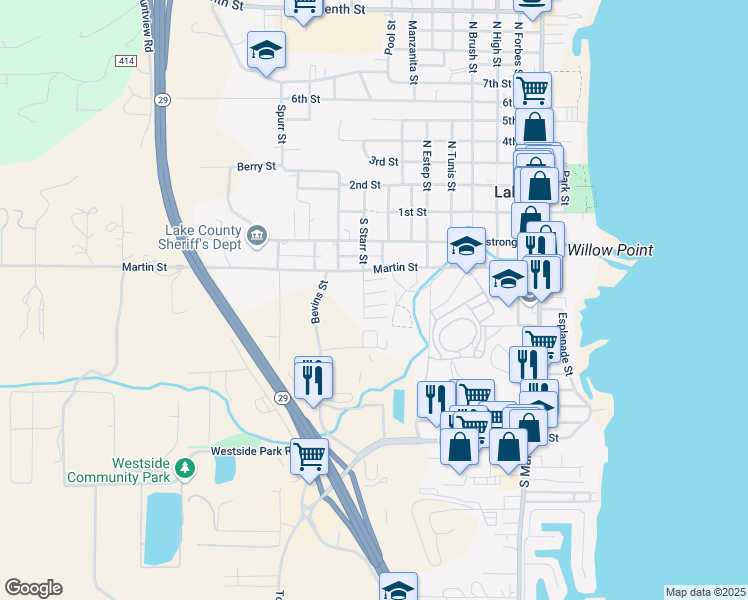 map of restaurants, bars, coffee shops, grocery stores, and more near 1025 Martin Street in Lakeport