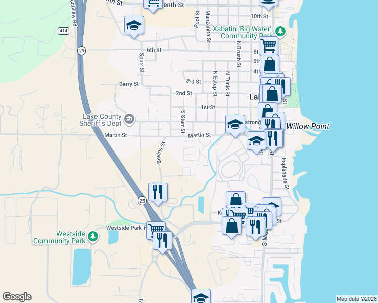map of restaurants, bars, coffee shops, grocery stores, and more near 1025 Martin Street in Lakeport