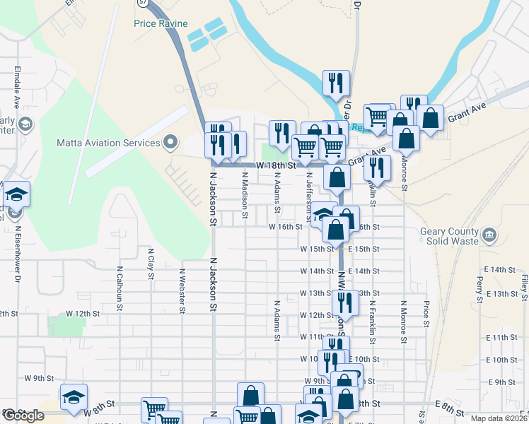 map of restaurants, bars, coffee shops, grocery stores, and more near 1626 Bradley Avenue in Junction City