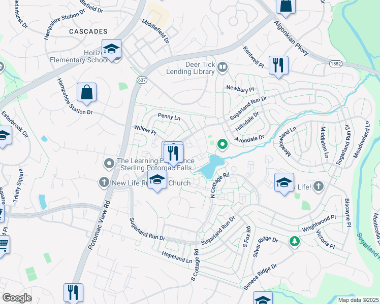 map of restaurants, bars, coffee shops, grocery stores, and more near 119 Woodgate Court in Sterling