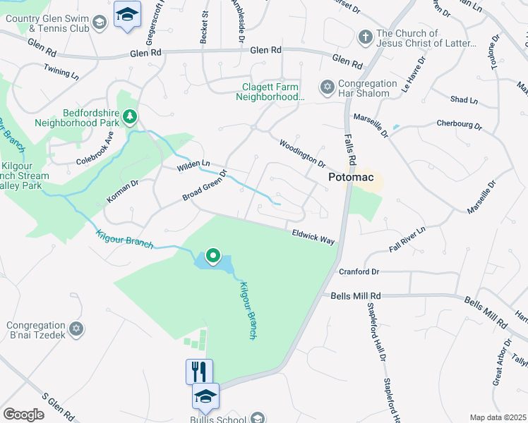 map of restaurants, bars, coffee shops, grocery stores, and more near 9537 Fox Hollow Drive in Potomac