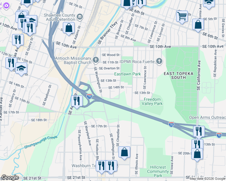 map of restaurants, bars, coffee shops, grocery stores, and more near 1401-1425 Southeast Chandler Street in Topeka
