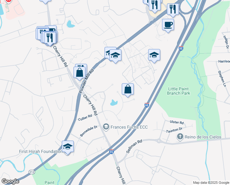 map of restaurants, bars, coffee shops, grocery stores, and more near 10812 Green Ash Lane in Beltsville