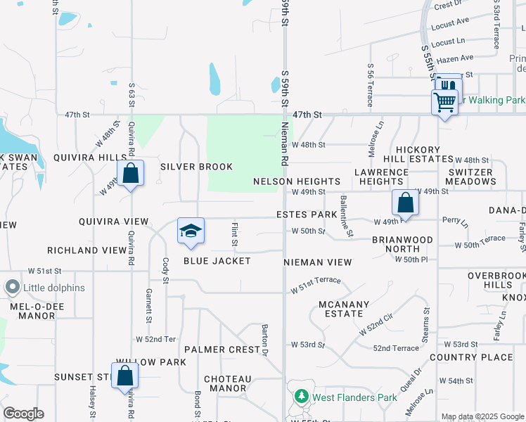 map of restaurants, bars, coffee shops, grocery stores, and more near 11207 West 49th Terrace in Shawnee