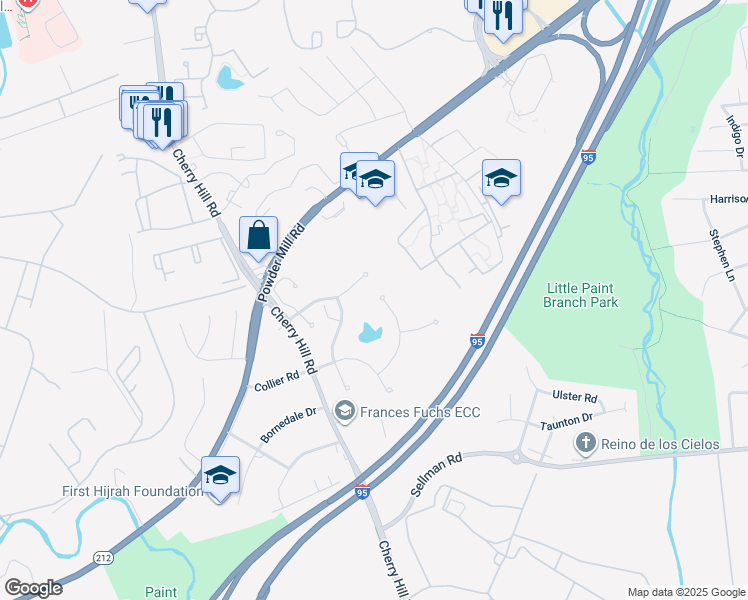 map of restaurants, bars, coffee shops, grocery stores, and more near 10812 Green Ash Lane in Beltsville