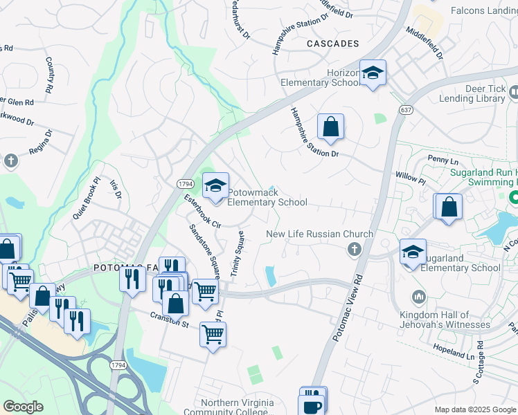 map of restaurants, bars, coffee shops, grocery stores, and more near 46432 Esterbrook Circle in Sterling