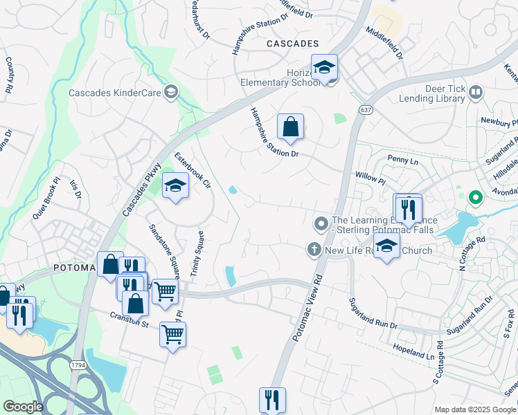 map of restaurants, bars, coffee shops, grocery stores, and more near 23 Oak Lane in Sterling
