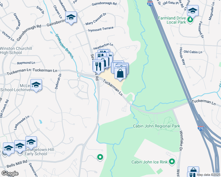 map of restaurants, bars, coffee shops, grocery stores, and more near 11220 Angus Place in Potomac
