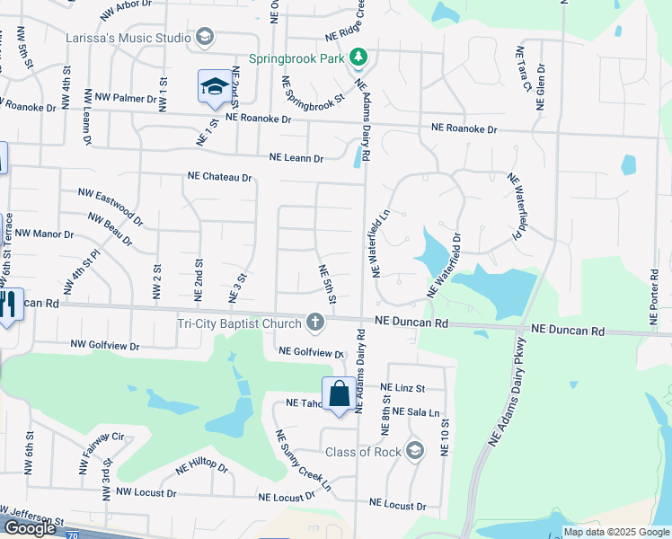 map of restaurants, bars, coffee shops, grocery stores, and more near 504 Northeast Grant Drive in Blue Springs