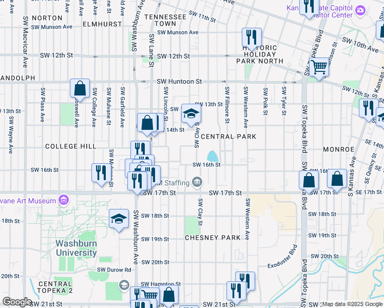 map of restaurants, bars, coffee shops, grocery stores, and more near 1120 Southwest 16th Street in Topeka