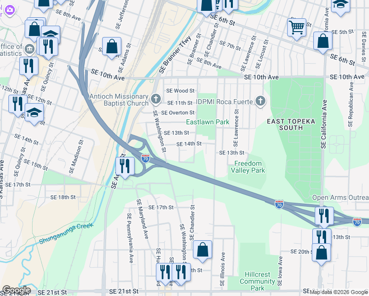 map of restaurants, bars, coffee shops, grocery stores, and more near 1401-1425 Southeast Chandler Street in Topeka