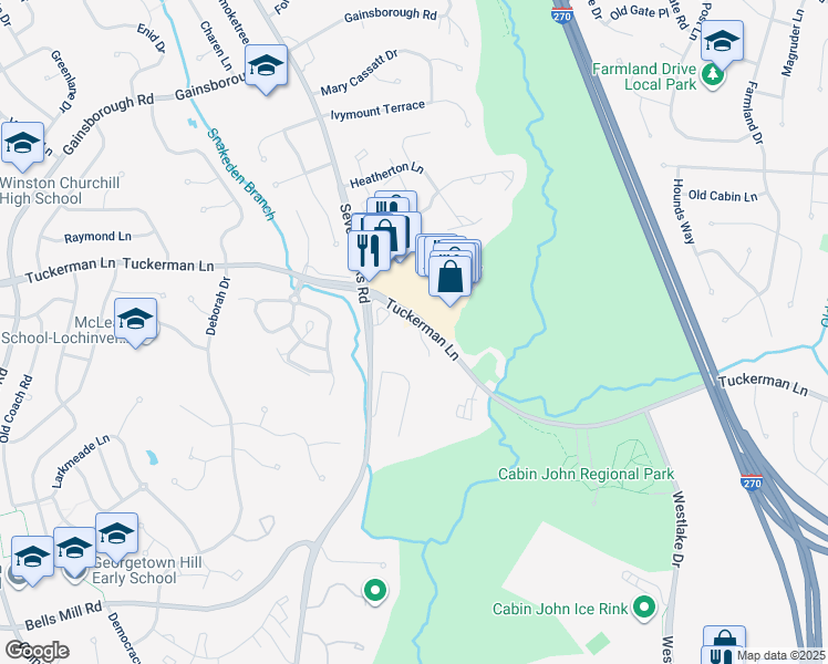 map of restaurants, bars, coffee shops, grocery stores, and more near 11220 Angus Place in Potomac