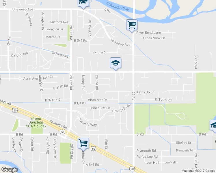 map of restaurants, bars, coffee shops, grocery stores, and more near 2885 Caboose Avenue in Grand Junction