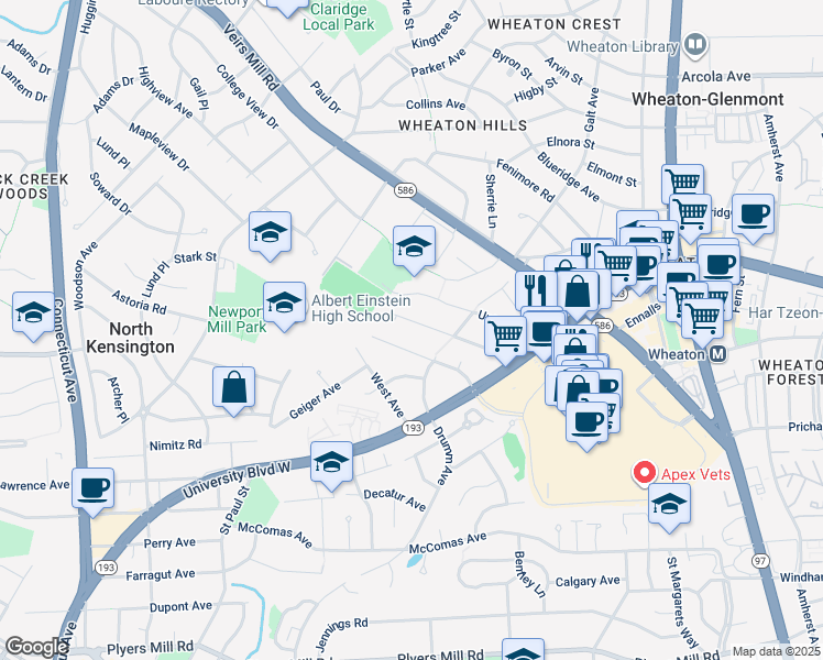map of restaurants, bars, coffee shops, grocery stores, and more near 11214 Midvale Road in Kensington