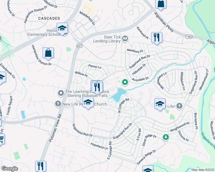 map of restaurants, bars, coffee shops, grocery stores, and more near 123 Woodgate Court in Sterling