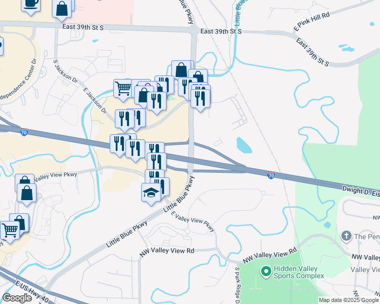 map of restaurants, bars, coffee shops, grocery stores, and more near 4500 Little Blue Parkway in Independence