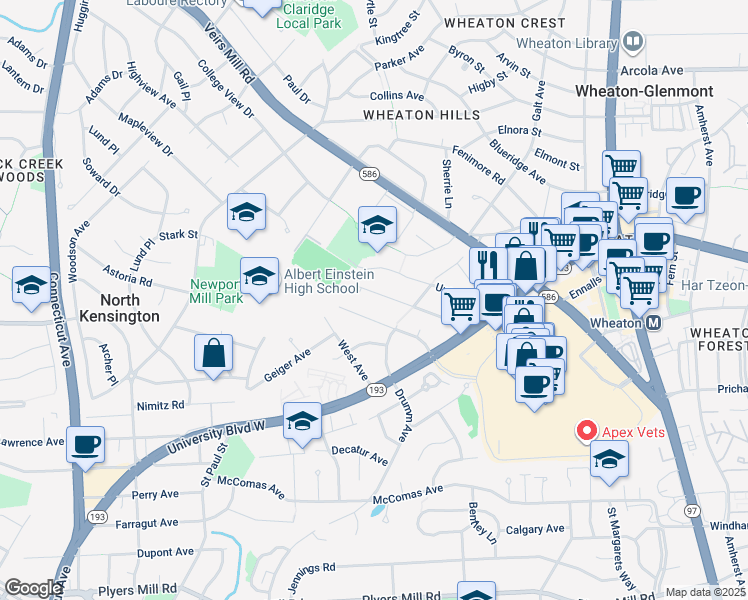 map of restaurants, bars, coffee shops, grocery stores, and more near 11214 Midvale Road in Kensington