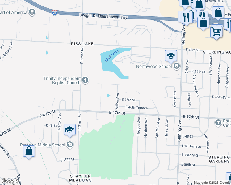 map of restaurants, bars, coffee shops, grocery stores, and more near 10500 East 46th Street in Kansas City