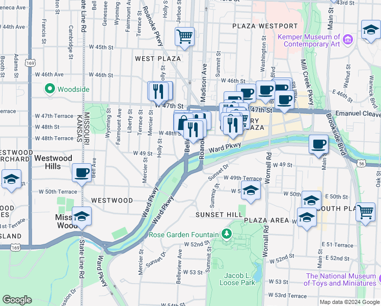 map of restaurants, bars, coffee shops, grocery stores, and more near 1010 Ward Parkway in Kansas City