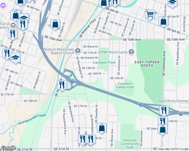 map of restaurants, bars, coffee shops, grocery stores, and more near 1401-1425 Southeast Chandler Street in Topeka