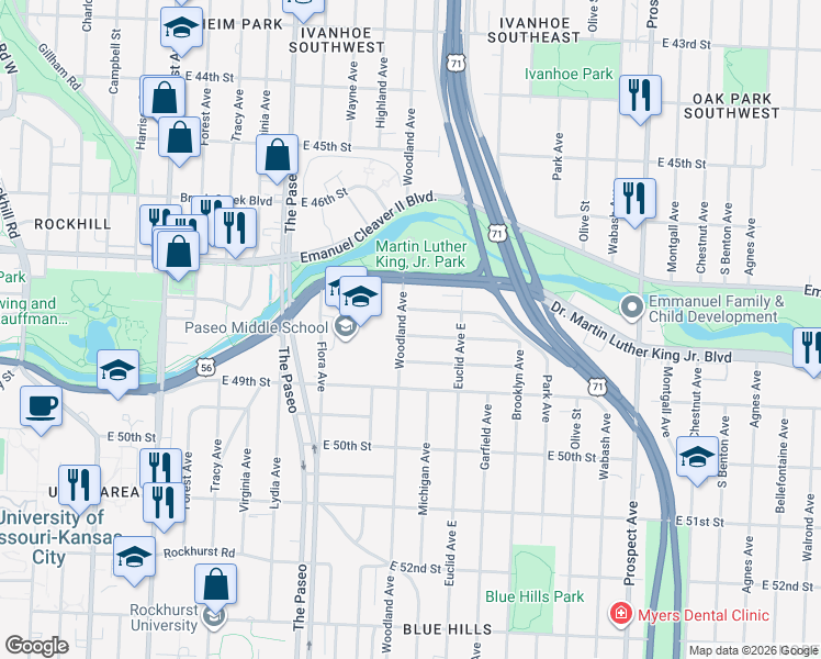 map of restaurants, bars, coffee shops, grocery stores, and more near 1809 East 48th Street in Kansas City