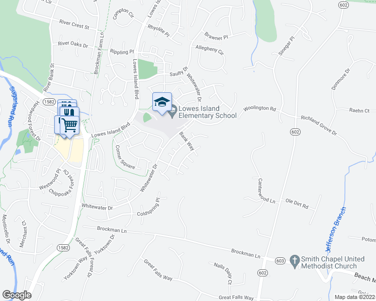 map of restaurants, bars, coffee shops, grocery stores, and more near 20821 Waterbeach Place in Sterling