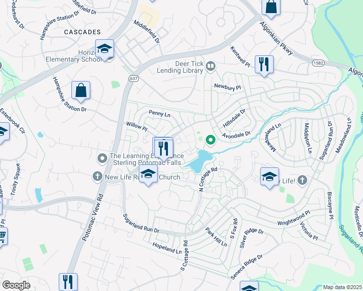 map of restaurants, bars, coffee shops, grocery stores, and more near 125 Woodgate Court in Sterling