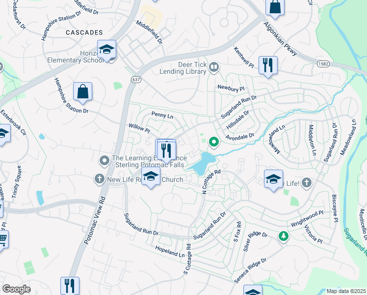 map of restaurants, bars, coffee shops, grocery stores, and more near 123 Woodgate Ct in Sterling