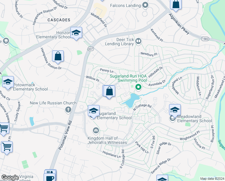 map of restaurants, bars, coffee shops, grocery stores, and more near 202 Willow Terrace in Sterling