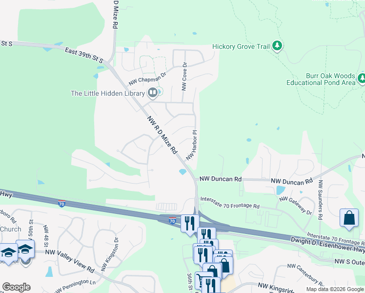 map of restaurants, bars, coffee shops, grocery stores, and more near 1907 Northwest Harbor Court in Blue Springs