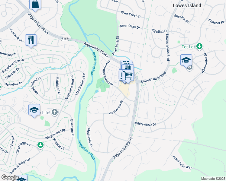 map of restaurants, bars, coffee shops, grocery stores, and more near 47374 Sterdley Falls Terrace in Sterling