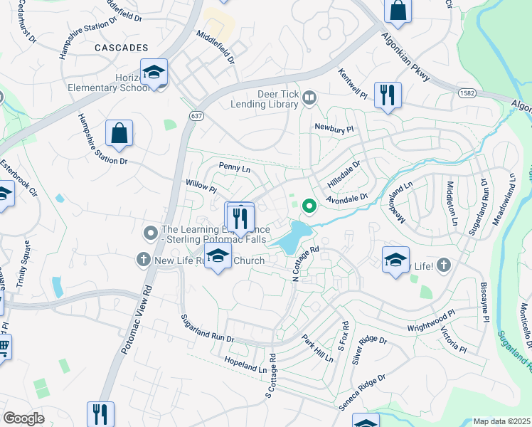 map of restaurants, bars, coffee shops, grocery stores, and more near 125 Woodgate Court in Sterling