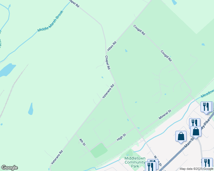 map of restaurants, bars, coffee shops, grocery stores, and more near 124 Veterans Road in Middletown