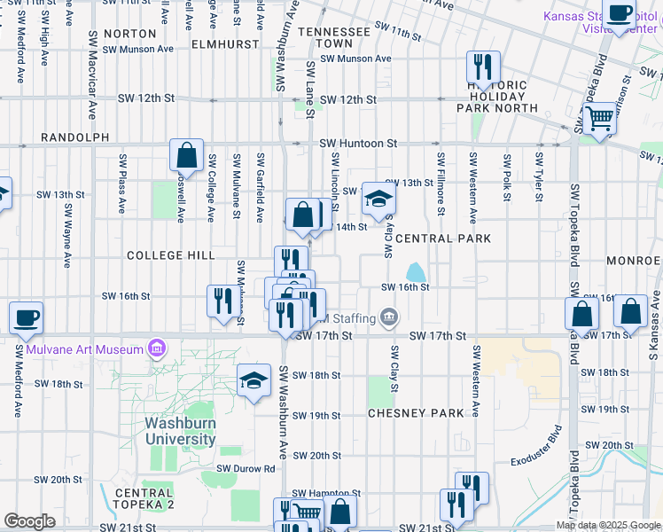 map of restaurants, bars, coffee shops, grocery stores, and more near 1510 Southwest Lane Street in Topeka