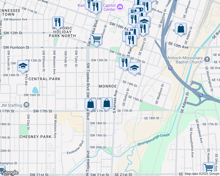 map of restaurants, bars, coffee shops, grocery stores, and more near 1500 Southwest Van Buren Street in Topeka