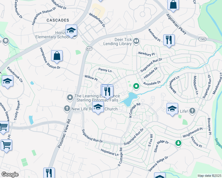 map of restaurants, bars, coffee shops, grocery stores, and more near 202 Willow Terrace in Sterling
