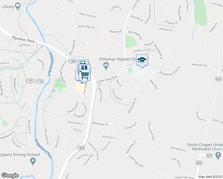 map of restaurants, bars, coffee shops, grocery stores, and more near 47597 Comer Square in Sterling