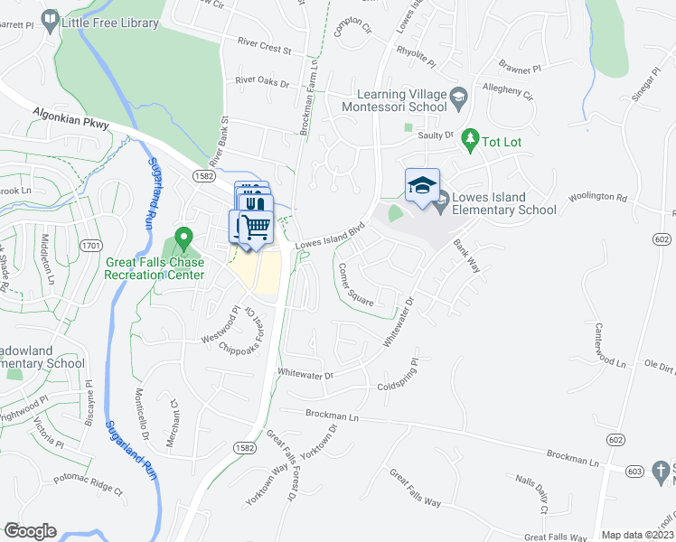 map of restaurants, bars, coffee shops, grocery stores, and more near 47597 Comer Square in Sterling