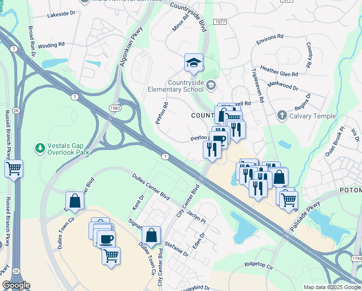 map of restaurants, bars, coffee shops, grocery stores, and more near 115 Peyton Road in Sterling