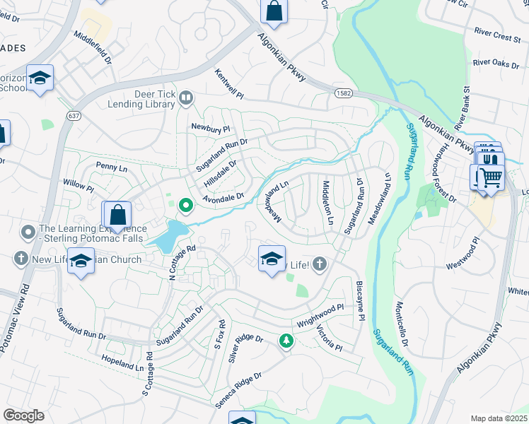 map of restaurants, bars, coffee shops, grocery stores, and more near 236 West Meadowland Lane in Sterling