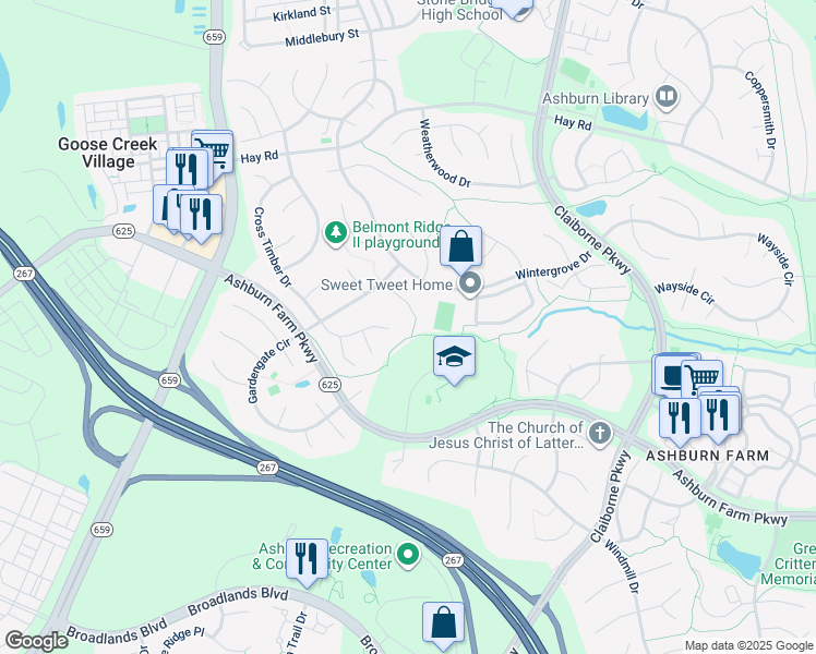 map of restaurants, bars, coffee shops, grocery stores, and more near 20829 Mintwood Ct in Ashburn