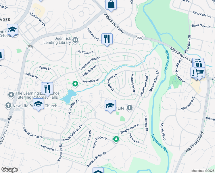 map of restaurants, bars, coffee shops, grocery stores, and more near 236 West Meadowland Lane in Sterling