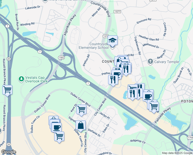 map of restaurants, bars, coffee shops, grocery stores, and more near 115 Peyton Road in Sterling